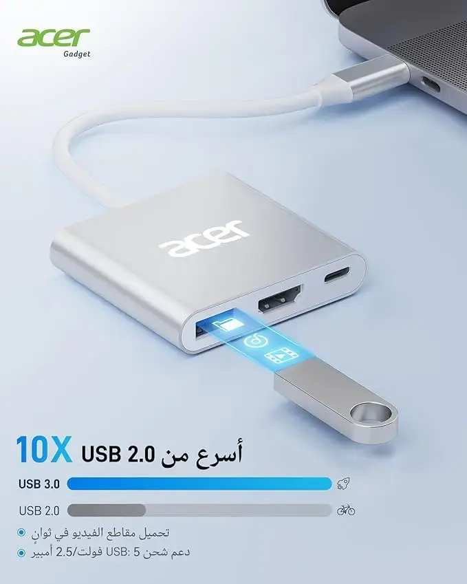 Adaptateur multiport USB C vers HDMI Acer, Concentrateur Type-C avec 4K HDMI, PD 100W, Port USB 3.0, Adaptateur Thunderbolt 3 Compatible avec MacBook Pro/air, iPad Pro/Air, iPhone 16 Pro/Pro Max, ordinateurs portables, tablettes
