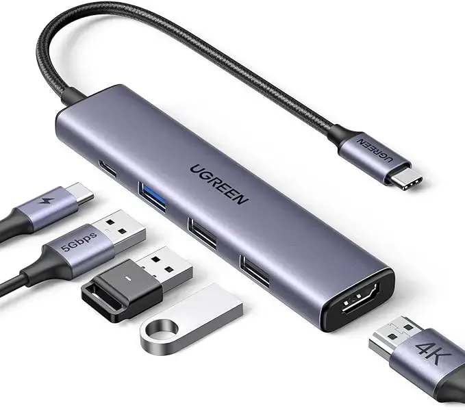 Hub USB C UGREEN Revodok avec charge PD 100 W [câble tressé], adaptateur 4K30Hz de type C vers HDMI, 3 ports de données USB A, hub multiport pour iPhone 17, Windows, MacBook, tablette, iPad/Air, projecteur