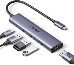 Hub USB C UGREEN Revodok avec charge PD 100 W [câble tressé], adaptateur 4K30Hz de type C vers HDMI, 3 ports de données USB A, hub multiport pour iPhone 17, Windows, MacBook, tablette, iPad/Air, projecteur