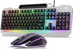 Clavier et souris de jeu AULA, clavier d’ordinateur rétro-éclairé RVB à 104 touches avec pavé numérique, clavier filaire à panneau tout métal pour ordinateur portable Win XP/7/8/10, T102